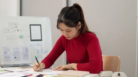 UI UX Design Process: Asian Woman Sketches Mobile App Interface. User Inter.. Video stock 333470330