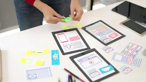 UI UX Design Process: Asian Women Hands Creating Mobile App Interface on Pa.. Stock Footage 333470342