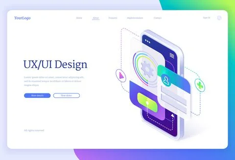 Ui ux design, user experience, isometric landing Stock Illustration