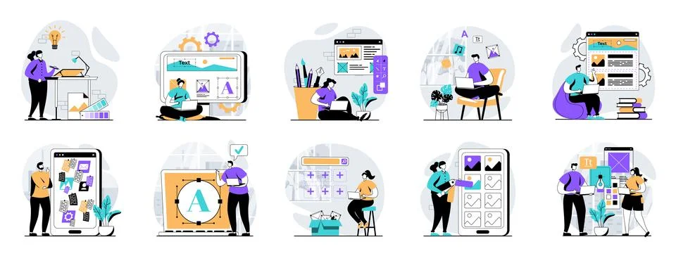 UI UX design web concept with people scenes mega set in flat design. Bundle o イラスト素材