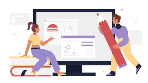 Ui ux design web development, developers sitting next to computer screen イラスト素材