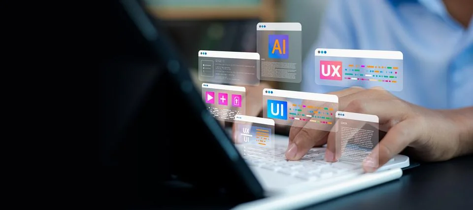 UI UX designer coding artificial intelligence interface on laptop, software.. Stock Photos