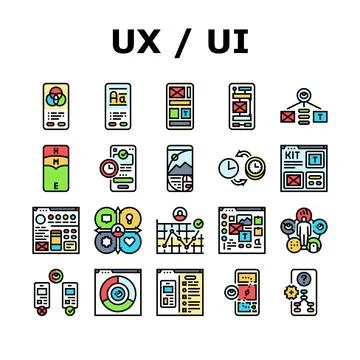 Ui ux develop content research icons set vector Stock Illustration