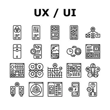 Ui ux develop content research icons set vector Stock Illustration
