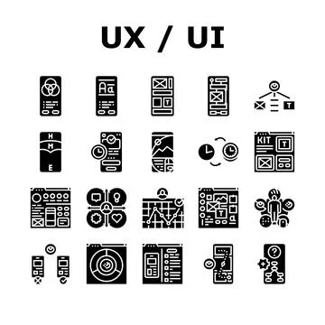 Ui ux develop content research icons set vector Stock Illustration