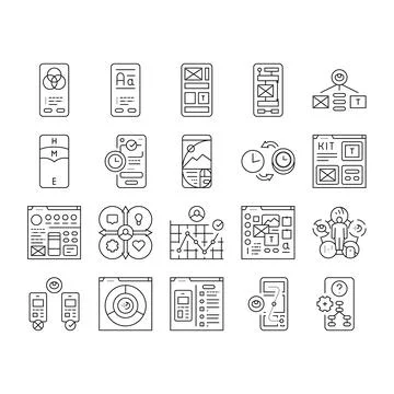 Ui ux develop content research icons set vector 스톡 일러스트