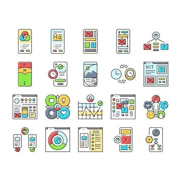 Ui ux develop content research icons set vector Stock Illustration
