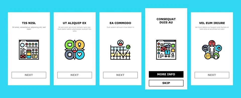 Ui ux develop content research onboarding icons set vector Stock Illustration