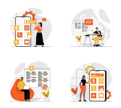 UI UX development concept with character set. Collection of scenes people c.. Stock Illustration