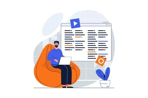 UI UX development web concept with character scene. Man coding and testing .. 스톡 일러스트