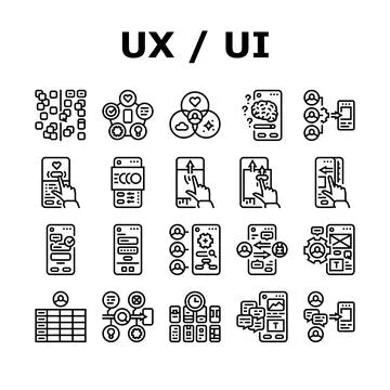 Ui ux digital develop code app icons set vector 스톡 일러스트