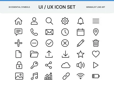 UI UX icon set with 36 essential symbols in minimalist line art style, feat.. Stock Illustration