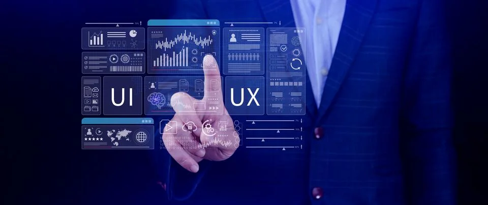 UI UX interface design concept with virtual wireframe. AI technology icons .. Foto stock