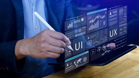 UI UX interface design concept with virtual wireframe. AI technology icons .. Foto stock