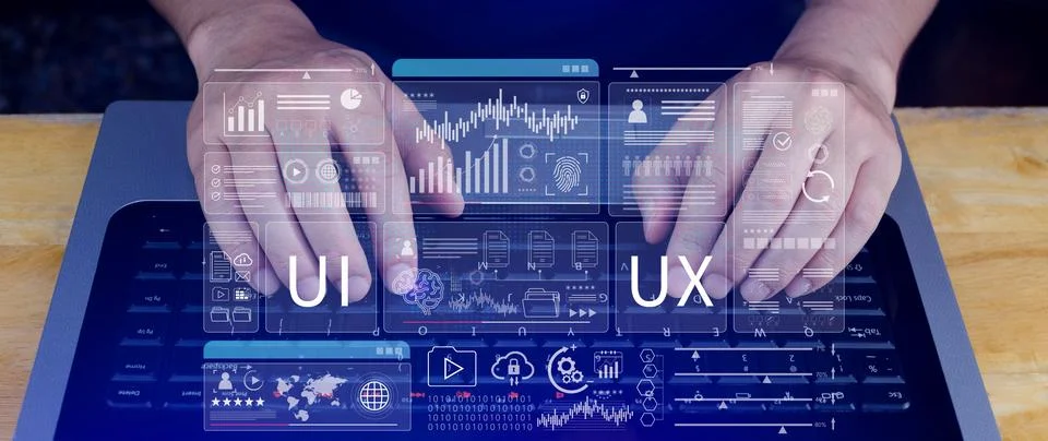 UI UX interface design concept with virtual wireframe. AI technology icons .. Foto stock