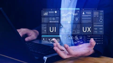 UI UX interface design concept with virtual wireframe. AI technology icons .. 스톡 사진