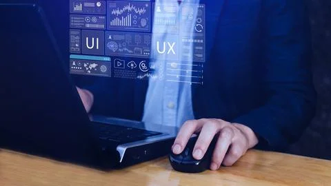 UI UX interface design concept with virtual wireframe. AI technology icons .. Foto stock