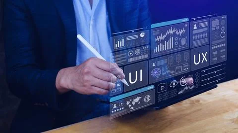 UI UX interface design concept with virtual wireframe. AI technology icons .. Foto stock