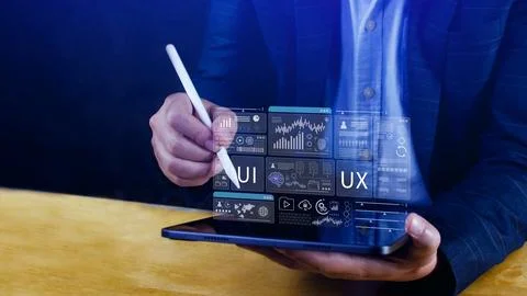 UI UX interface design concept with virtual wireframe. AI technology icons .. Foto stock