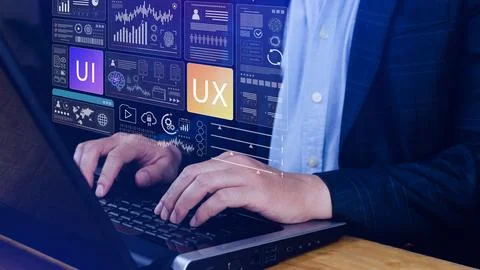 UI UX interface design concept with virtual wireframe. AI technology icons .. Stock Photos