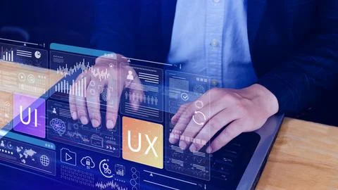UI UX interface design concept with virtual wireframe. AI technology icons .. Foto stock