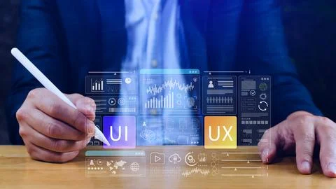 UI UX interface design concept with virtual wireframe. AI technology icons .. 写真素材