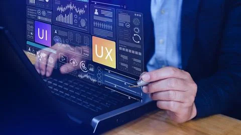 UI UX interface design concept with virtual wireframe. AI technology icons .. Foto stock