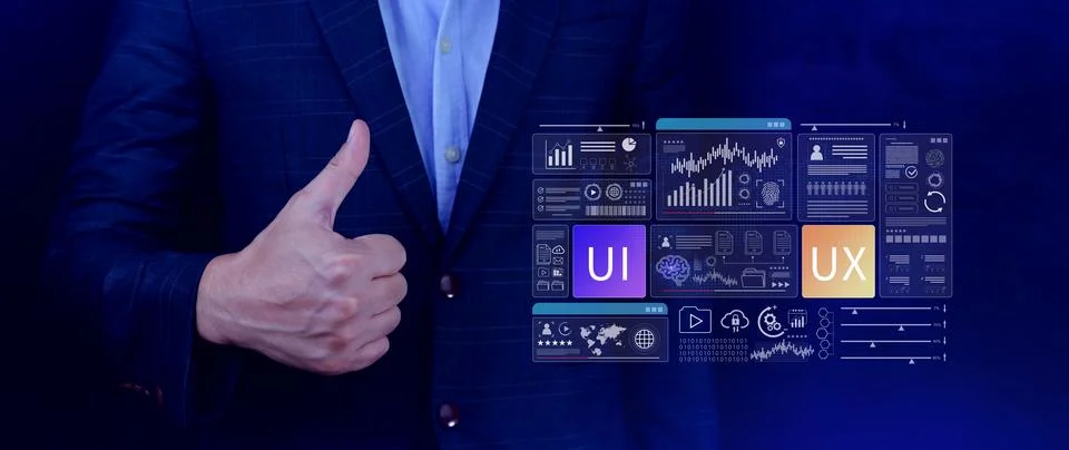 UI UX interface design concept with virtual wireframe. AI technology icons .. Stock Photos