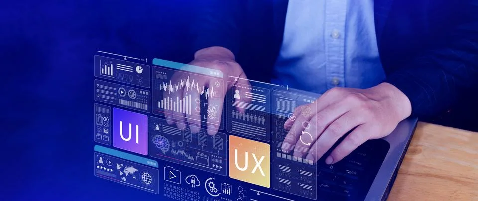 UI UX interface design concept with virtual wireframe. AI technology icons .. 스톡 사진