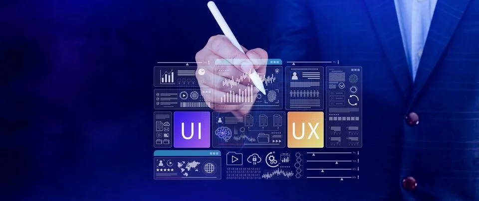 UI UX interface design concept with virtual wireframe. AI technology icons .. Foto stock