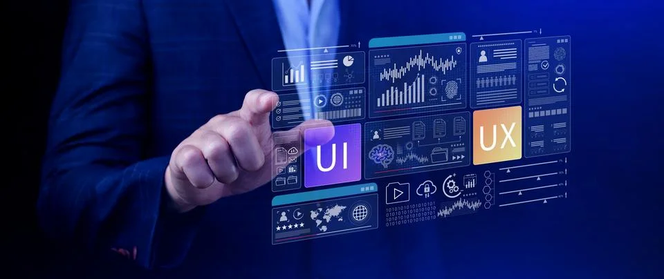 UI UX interface design concept with virtual wireframe. AI technology icons .. Foto stock