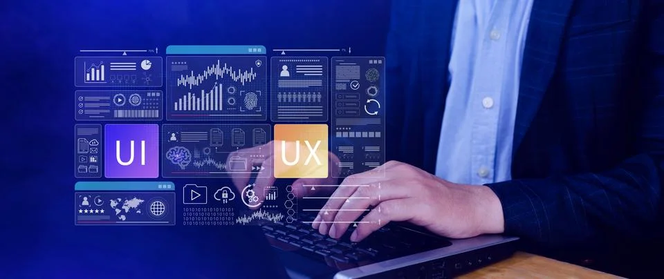 UI UX interface design concept with virtual wireframe. AI technology icons .. 写真素材
