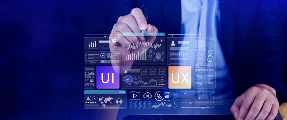 UI UX interface design concept with virtual wireframe. AI technology icons .. 스톡 사진