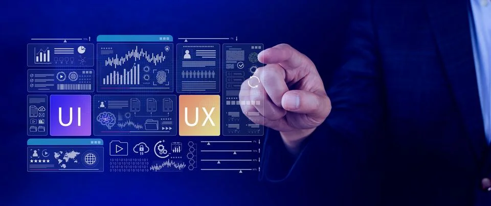 UI UX interface design concept with virtual wireframe. AI technology icons .. 스톡 사진