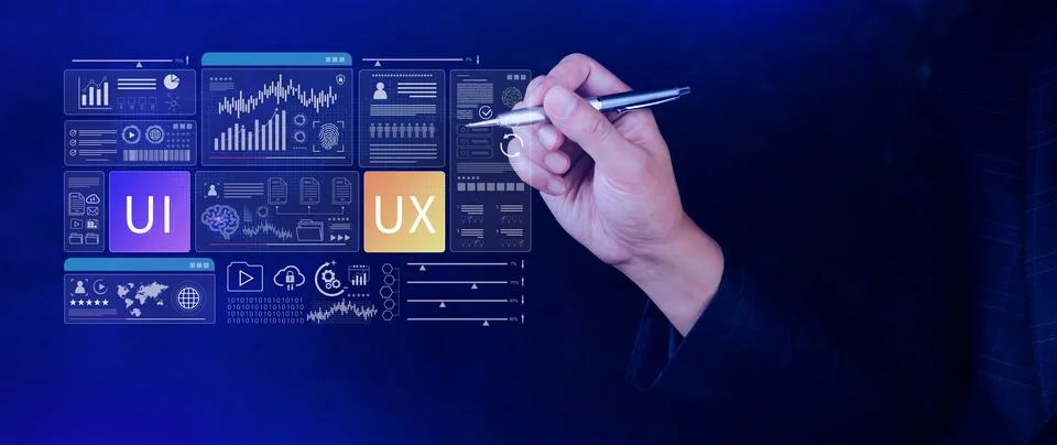 UI UX interface design concept with virtual wireframe. AI technology icons .. Foto stock