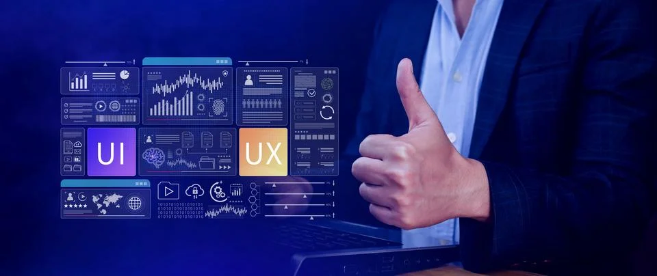 UI UX interface design concept with virtual wireframe. AI technology icons .. 스톡 사진