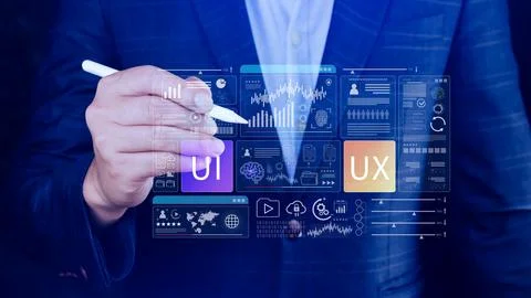 UI UX interface design concept with virtual wireframe. AI technology icons .. Foto stock