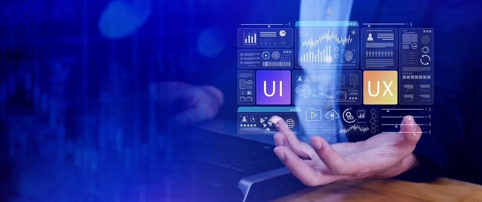 UI UX interface design concept with virtual wireframe. AI technology icons .. Stock Photos