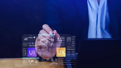 UI UX interface design concept with virtual wireframe. AI technology icons .. 스톡 사진