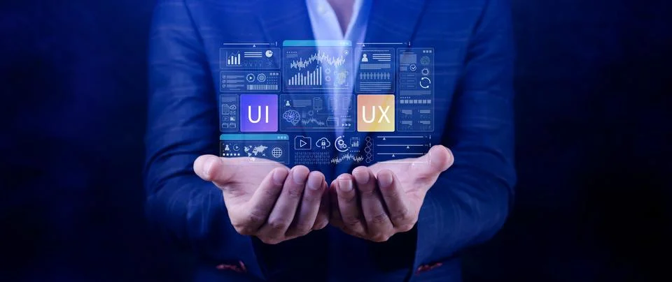 UI UX interface design concept with virtual wireframe. AI technology icons .. Stockfoto's