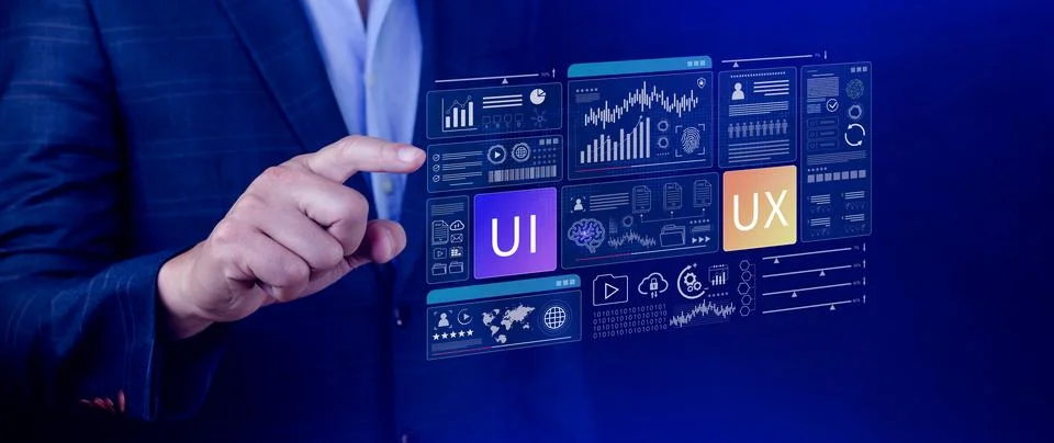 UI UX interface design concept with virtual wireframe. AI technology icons .. Foto stock