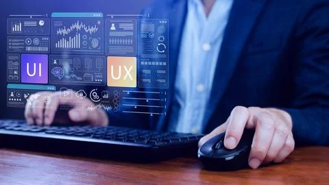 UI UX interface design concept with virtual wireframe. AI technology icons .. Foto stock
