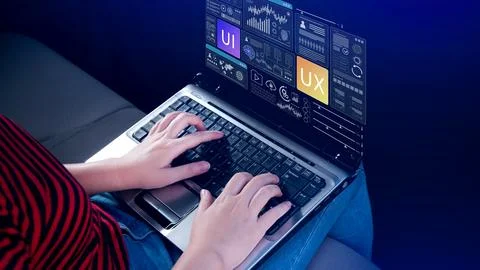 UI UX interface design concept with virtual wireframe. AI technology icons .. Stock Photos