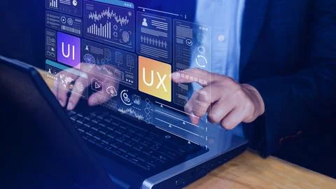 UI UX interface design concept with virtual wireframe. AI technology icons .. Foto stock