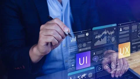 UI UX interface design concept with virtual wireframe. AI technology icons .. 스톡 사진