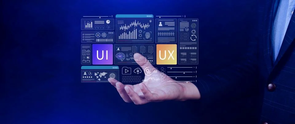UI UX interface design concept with virtual wireframe. AI technology icons .. Foto stock
