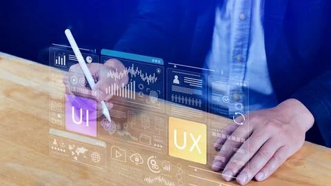 UI UX interface design concept with virtual wireframe. AI technology icons .. Foto stock
