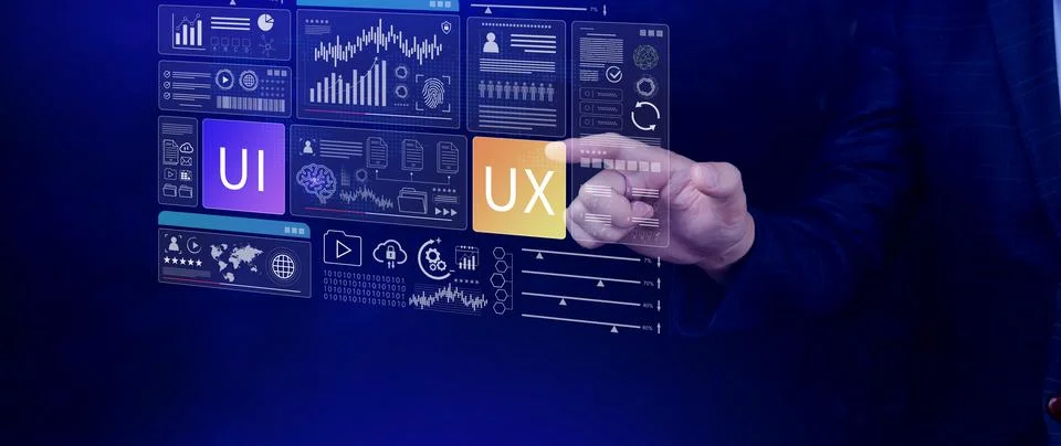 UI UX interface design concept with virtual wireframe. AI technology icons .. Stockfoto's