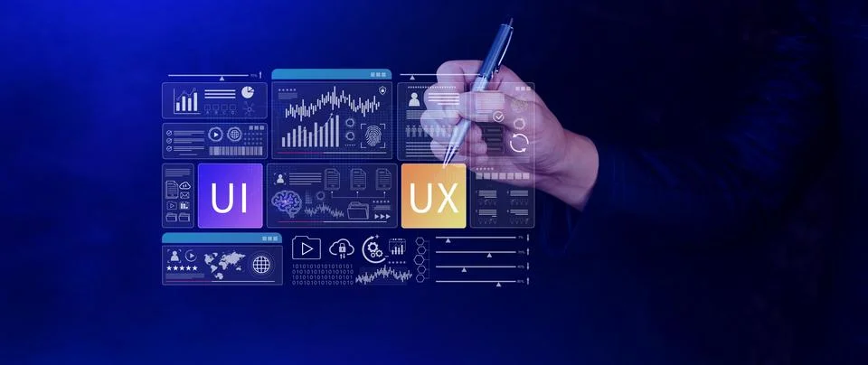 UI UX interface design concept with virtual wireframe. AI technology icons .. Foto stock