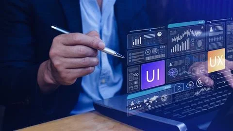 UI UX interface design concept with virtual wireframe. AI technology icons .. Foto stock